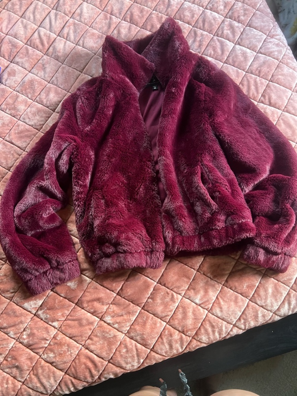 Ashley By 26 International Plush Faux Fur Jacket in Deep Burgundy